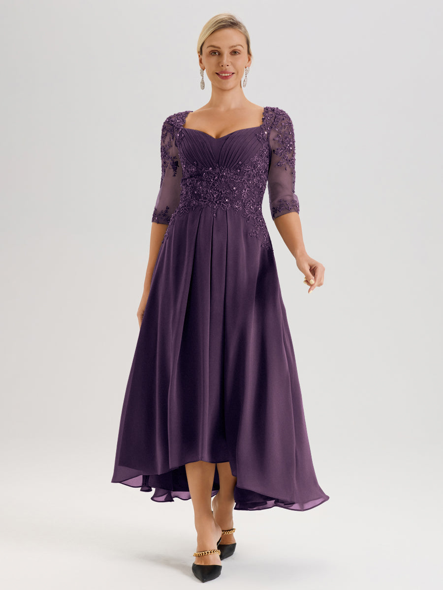 Cicinia Plum Robe De Mère De La Mariée Longue À Ourlet Irrégulier Ligne A En Dentelle Et Mousseline À Décolleté Cœur Et Manches Demi