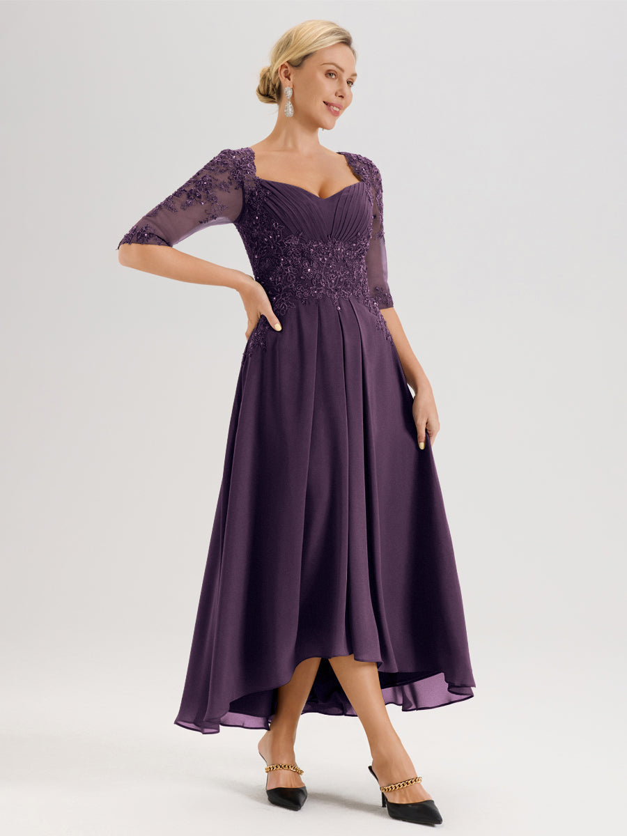 Cicinia Plum Robe De Mère De La Mariée Longue À Ourlet Irrégulier Ligne A En Dentelle Et Mousseline À Décolleté Cœur Et Manches Demi