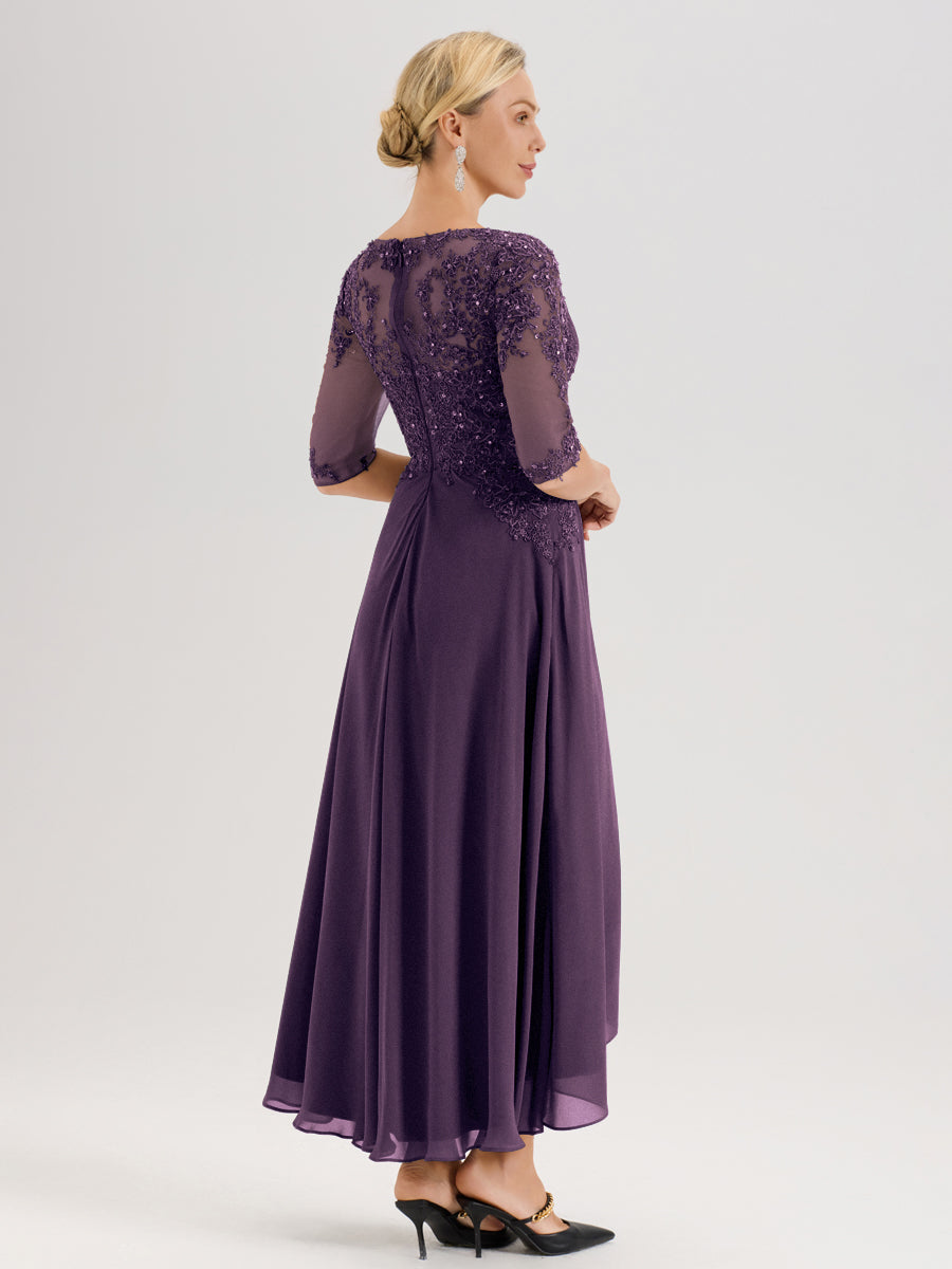 Cicinia Plum Robe De Mère De La Mariée Longue À Ourlet Irrégulier Ligne A En Dentelle Et Mousseline À Décolleté Cœur Et Manches Demi