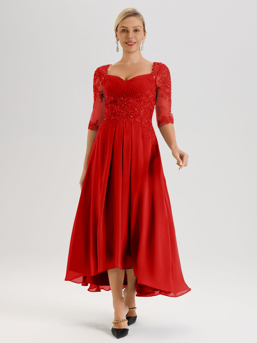 Cicinia Rouge Robe De Mère De La Mariée Longue À Ourlet Irrégulier Ligne A En Dentelle Et Mousseline À Décolleté Cœur Et Manches Demi