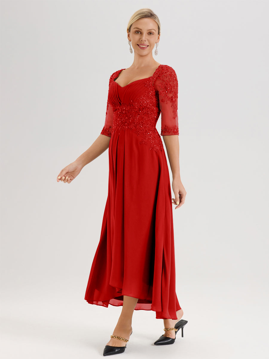 Cicinia Rouge Robe De Mère De La Mariée Longue À Ourlet Irrégulier Ligne A En Dentelle Et Mousseline À Décolleté Cœur Et Manches Demi