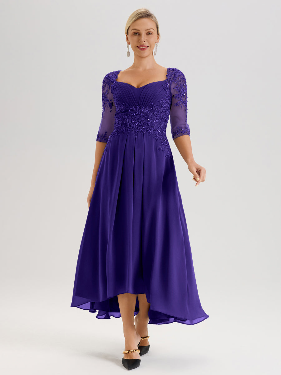 Cicinia Régence Robe De Mère De La Mariée Longue À Ourlet Irrégulier Ligne A En Dentelle Et Mousseline À Décolleté Cœur Et Manches Demi