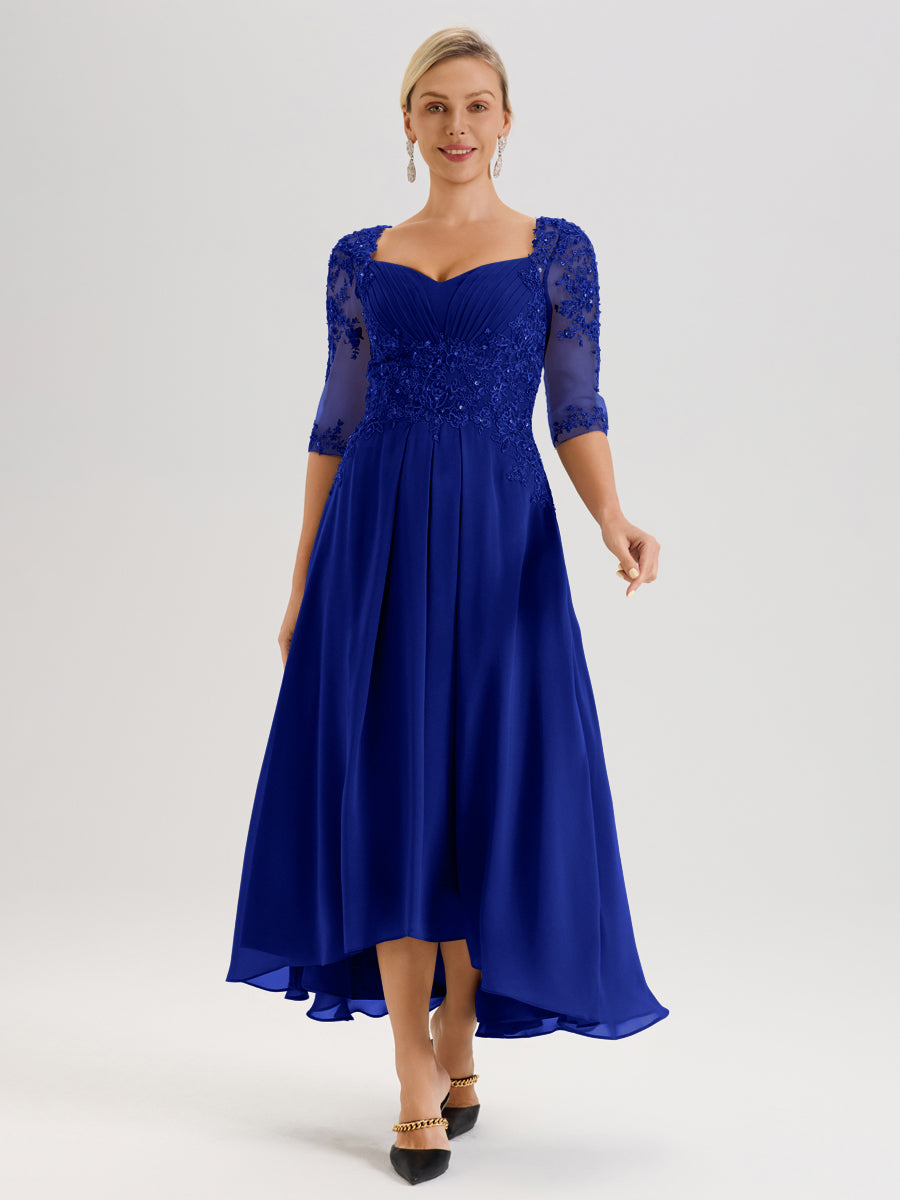 Cicinia Bleu Royale Robe De Mère De La Mariée Longue À Ourlet Irrégulier Ligne A En Dentelle Et Mousseline À Décolleté Cœur Et Manches Demi
