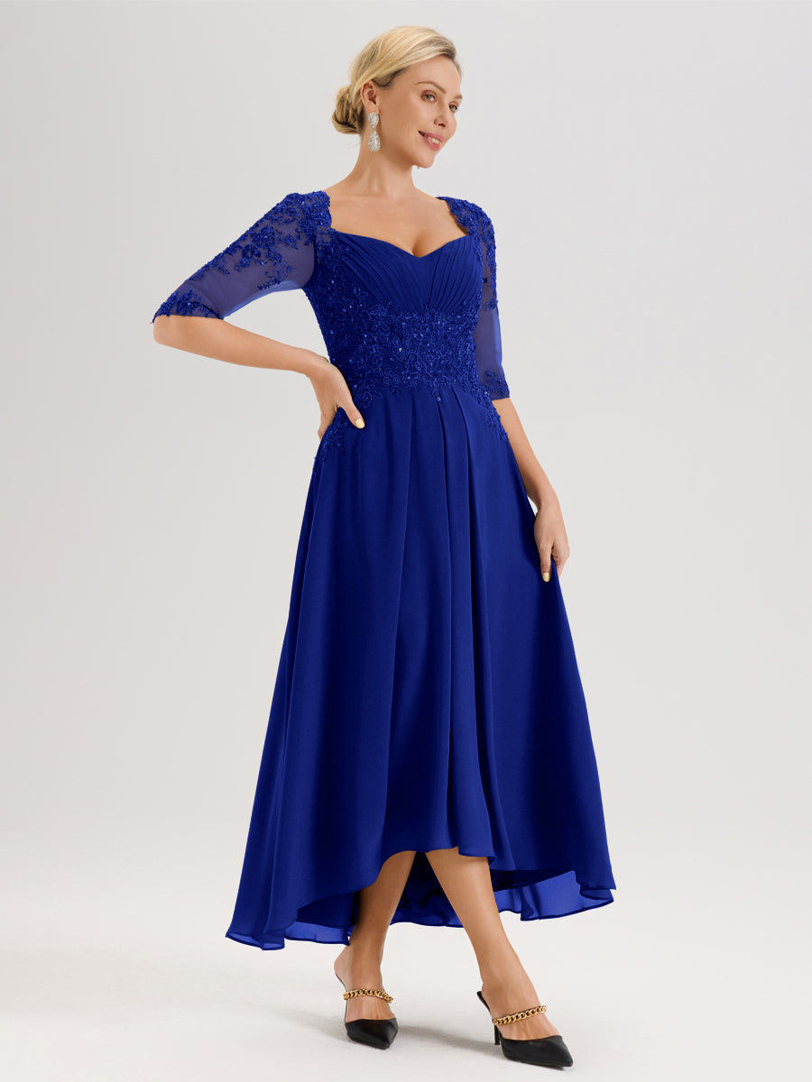 Cicinia Bleu Royale Robe De Mère De La Mariée Longue À Ourlet Irrégulier Ligne A En Dentelle Et Mousseline À Décolleté Cœur Et Manches Demi