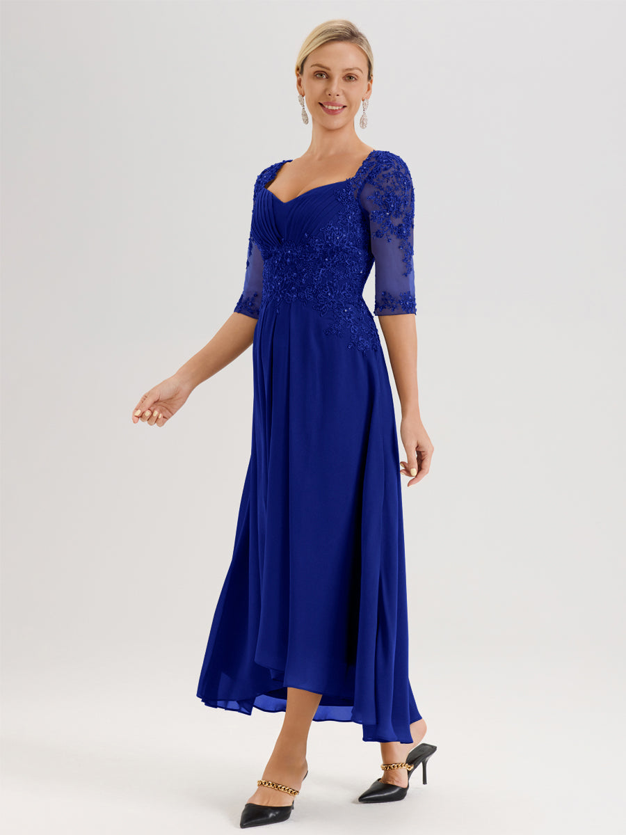 Cicinia Bleu Royale Robe De Mère De La Mariée Longue À Ourlet Irrégulier Ligne A En Dentelle Et Mousseline À Décolleté Cœur Et Manches Demi