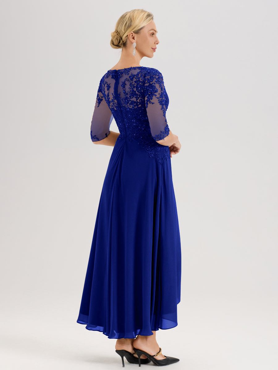 Cicinia Bleu Royale Robe De Mère De La Mariée Longue À Ourlet Irrégulier Ligne A En Dentelle Et Mousseline À Décolleté Cœur Et Manches Demi