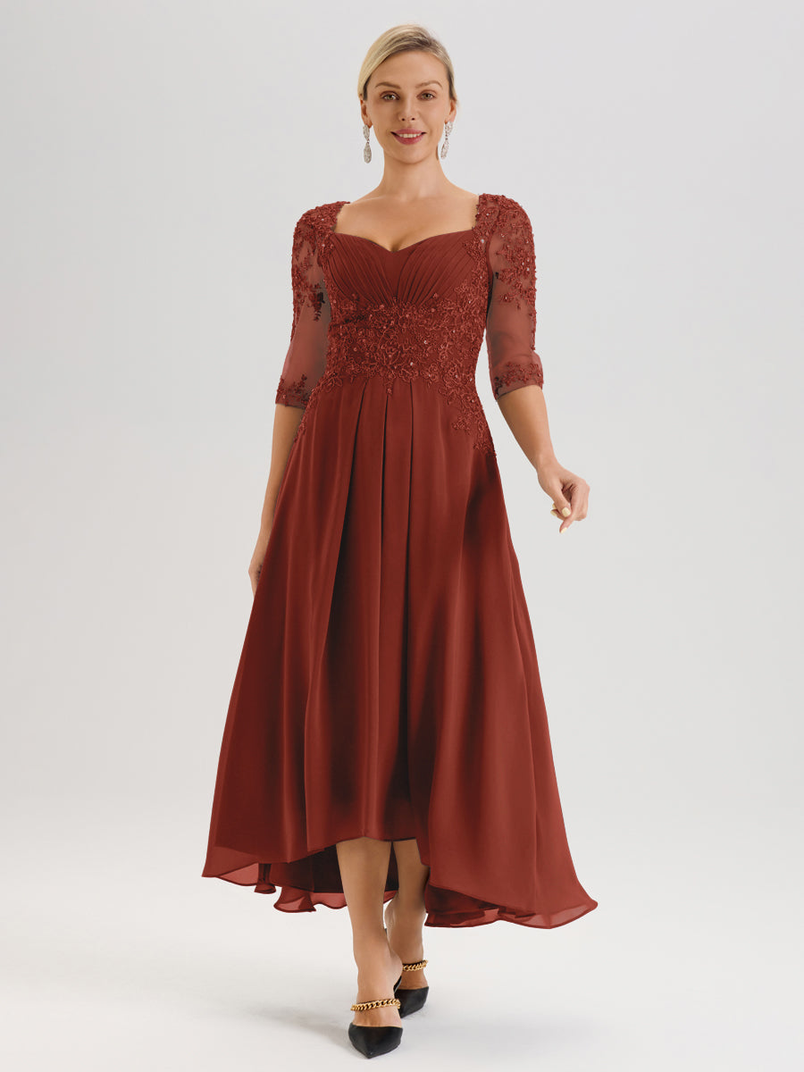 Cicinia Rouille Robe De Mère De La Mariée Longue À Ourlet Irrégulier Ligne A En Dentelle Et Mousseline À Décolleté Cœur Et Manches Demi