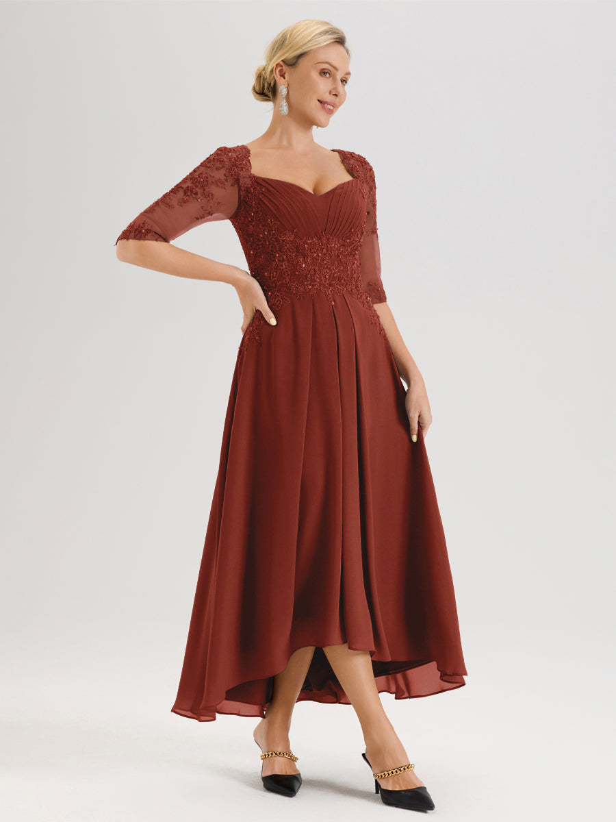 Cicinia Rouille Robe De Mère De La Mariée Longue À Ourlet Irrégulier Ligne A En Dentelle Et Mousseline À Décolleté Cœur Et Manches Demi