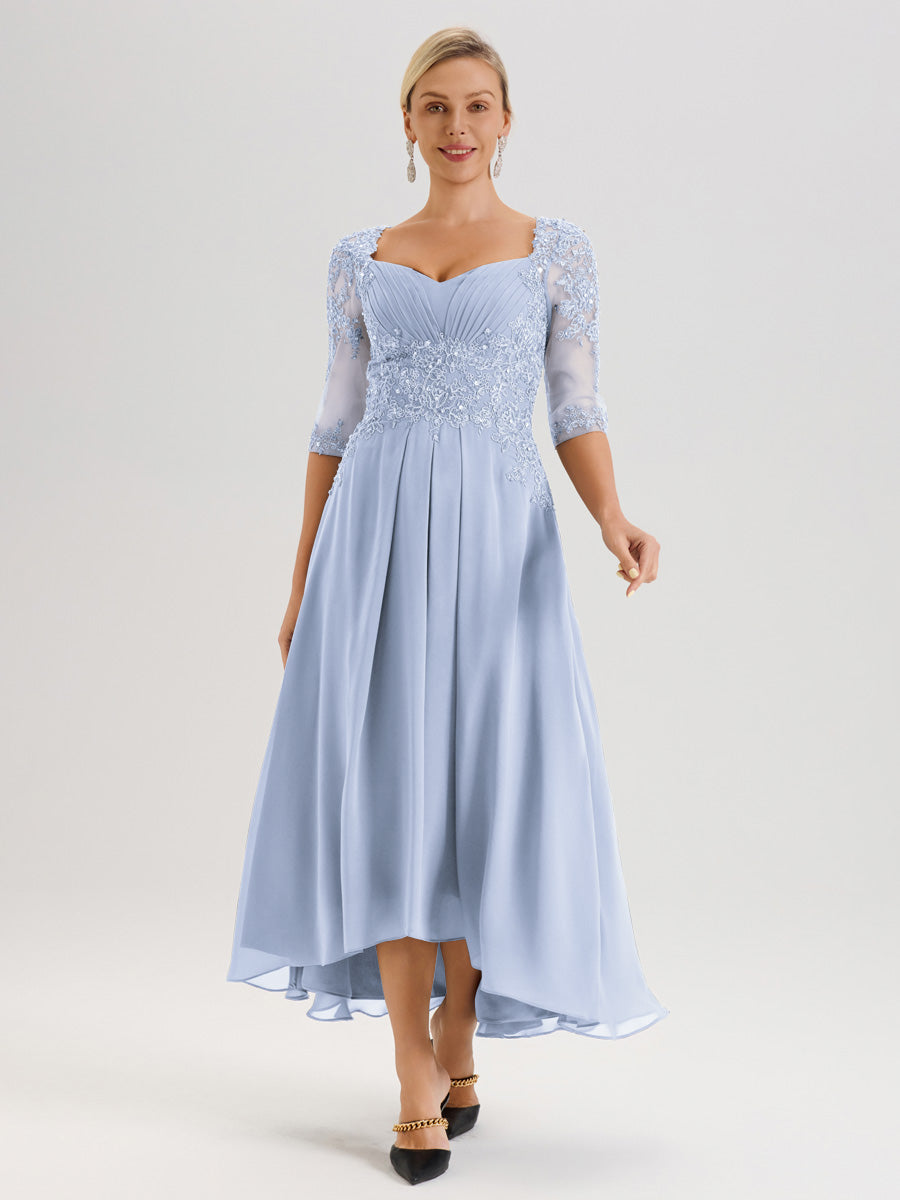 Cicinia Bleu Ciel Robe De Mère De La Mariée Longue À Ourlet Irrégulier Ligne A En Dentelle Et Mousseline À Décolleté Cœur Et Manches Demi