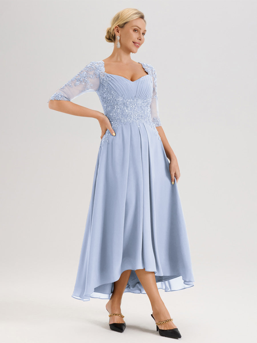 Cicinia Bleu Ciel Robe De Mère De La Mariée Longue À Ourlet Irrégulier Ligne A En Dentelle Et Mousseline À Décolleté Cœur Et Manches Demi