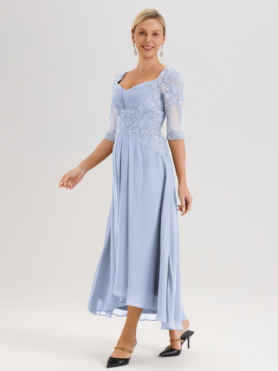 Cicinia Bleu Ciel Robe De Mère De La Mariée Longue À Ourlet Irrégulier Ligne A En Dentelle Et Mousseline À Décolleté Cœur Et Manches Demi
