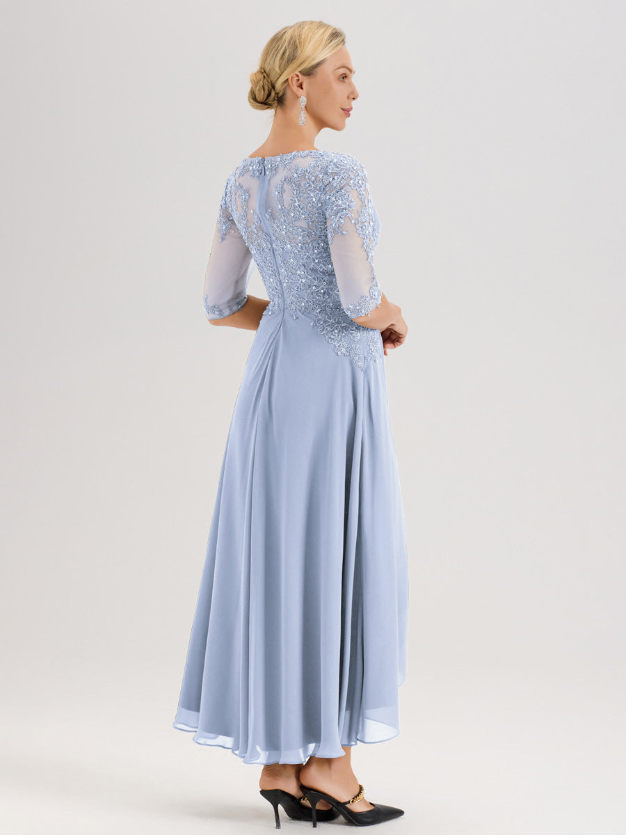 Cicinia Bleu Ciel Robe De Mère De La Mariée Longue À Ourlet Irrégulier Ligne A En Dentelle Et Mousseline À Décolleté Cœur Et Manches Demi