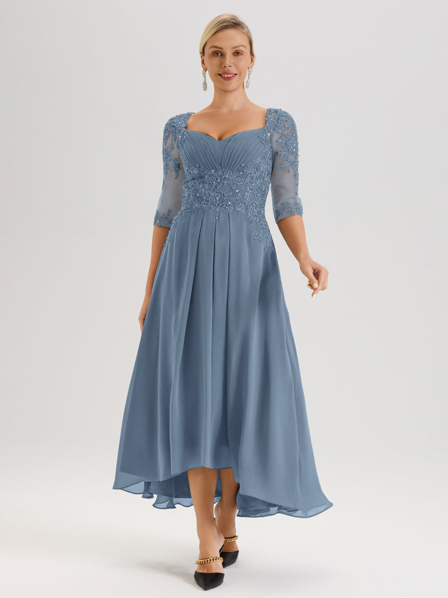 Cicinia Bleu De Schiste Robe De Mère De La Mariée Longue À Ourlet Irrégulier Ligne A En Dentelle Et Mousseline À Décolleté Cœur Et Manches Demi