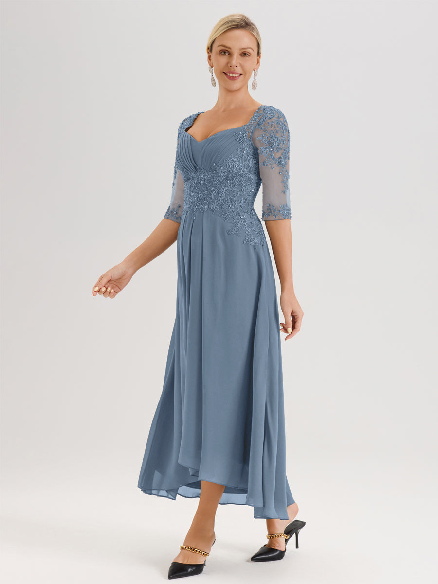 Cicinia Bleu De Schiste Robe De Mère De La Mariée Longue À Ourlet Irrégulier Ligne A En Dentelle Et Mousseline À Décolleté Cœur Et Manches Demi