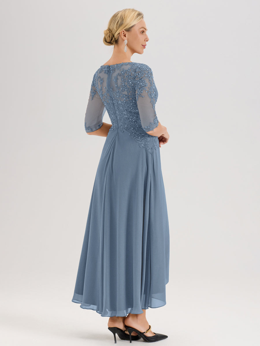 Cicinia Bleu De Schiste Robe De Mère De La Mariée Longue À Ourlet Irrégulier Ligne A En Dentelle Et Mousseline À Décolleté Cœur Et Manches Demi