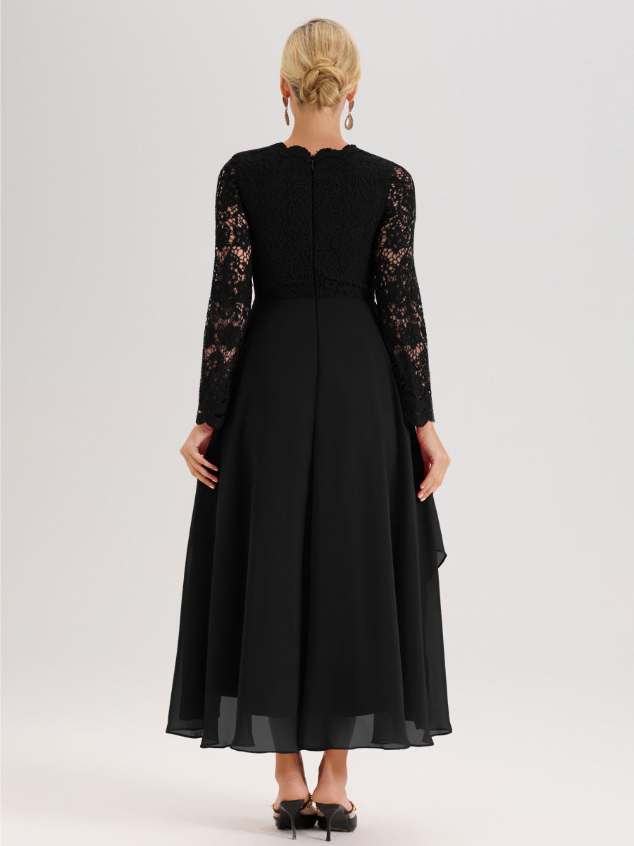 Cicinia Noir Robe De Mère De La Mariée Longue À Ourlet Irrégulier Ligne A En Dentelle Et Mousseline À Décolleté En V Et Manches Longues