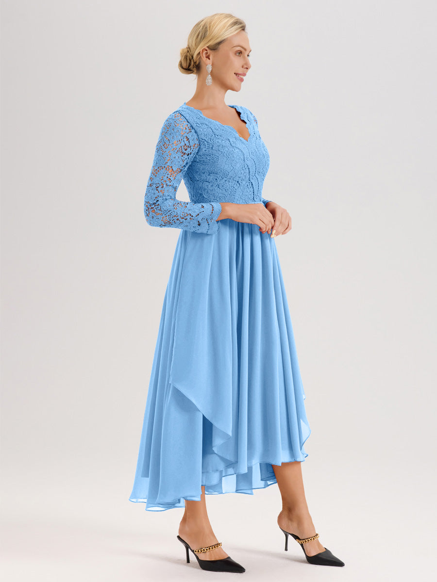 Cicinia Bleu Robe De Mère De La Mariée Longue À Ourlet Irrégulier Ligne A En Dentelle Et Mousseline À Décolleté En V Et Manches Longues