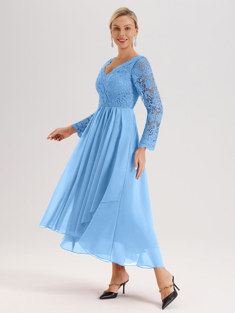 Cicinia Bleu Robe De Mère De La Mariée Longue À Ourlet Irrégulier Ligne A En Dentelle Et Mousseline À Décolleté En V Et Manches Longues