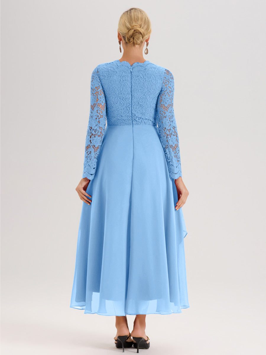 Cicinia Bleu Robe De Mère De La Mariée Longue À Ourlet Irrégulier Ligne A En Dentelle Et Mousseline À Décolleté En V Et Manches Longues
