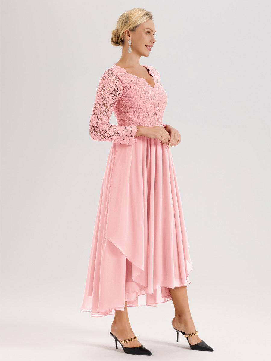 Cicinia Rose Robe De Mère De La Mariée Longue À Ourlet Irrégulier Ligne A En Dentelle Et Mousseline À Décolleté En V Et Manches Longues