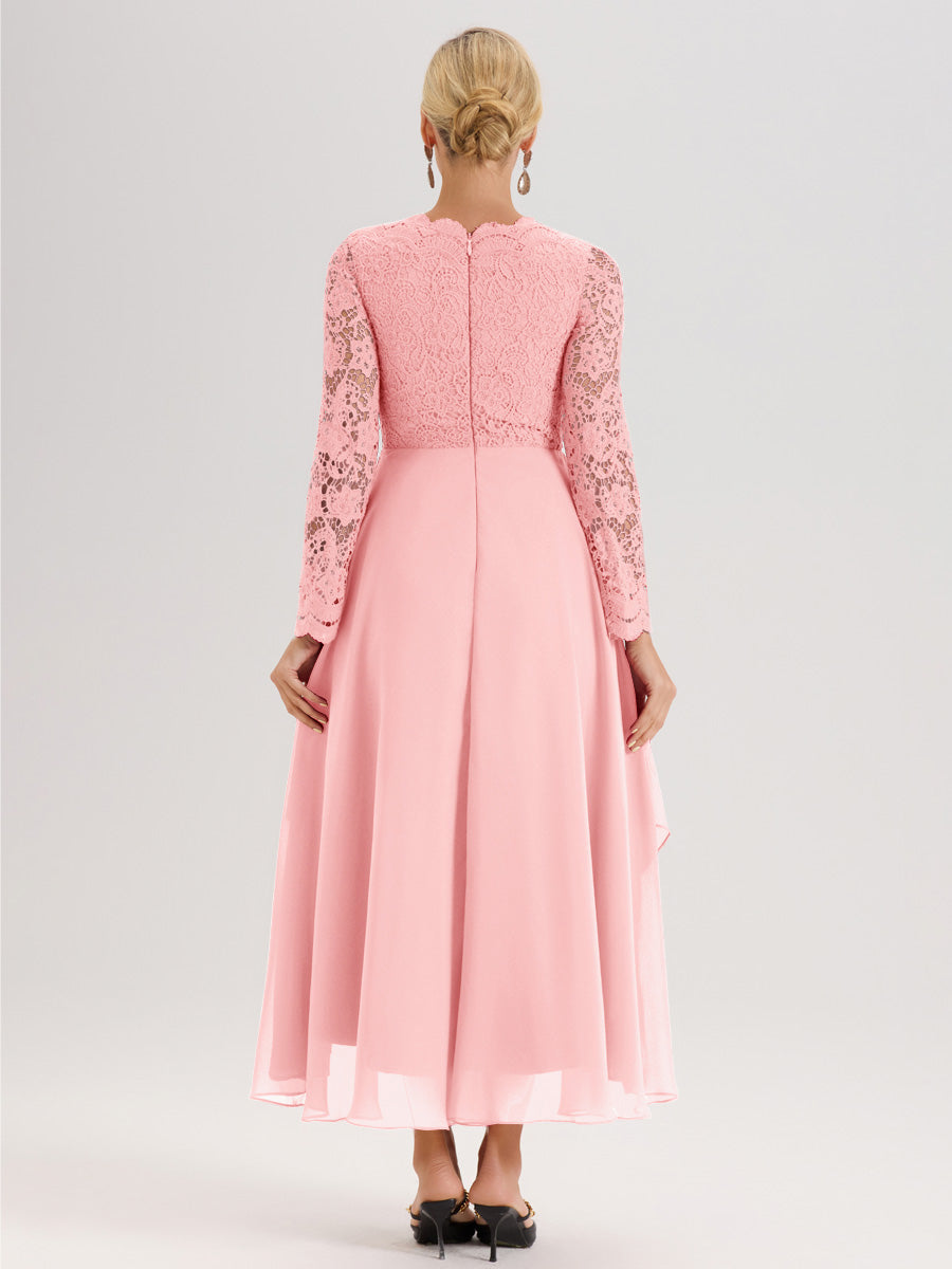 Cicinia Rose Robe De Mère De La Mariée Longue À Ourlet Irrégulier Ligne A En Dentelle Et Mousseline À Décolleté En V Et Manches Longues