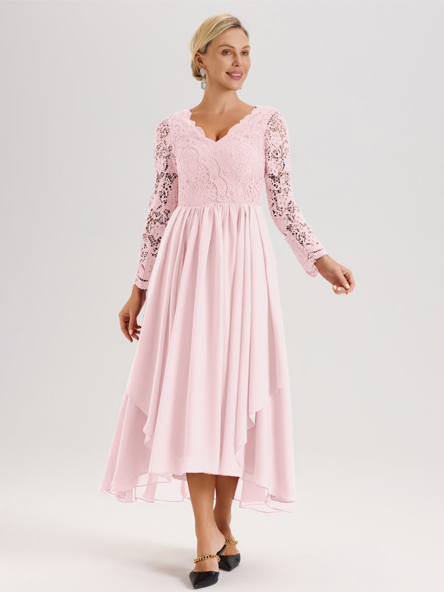 Cicinia Rose Pâle Robe De Mère De La Mariée Longue À Ourlet Irrégulier Ligne A En Dentelle Et Mousseline À Décolleté En V Et Manches Longues