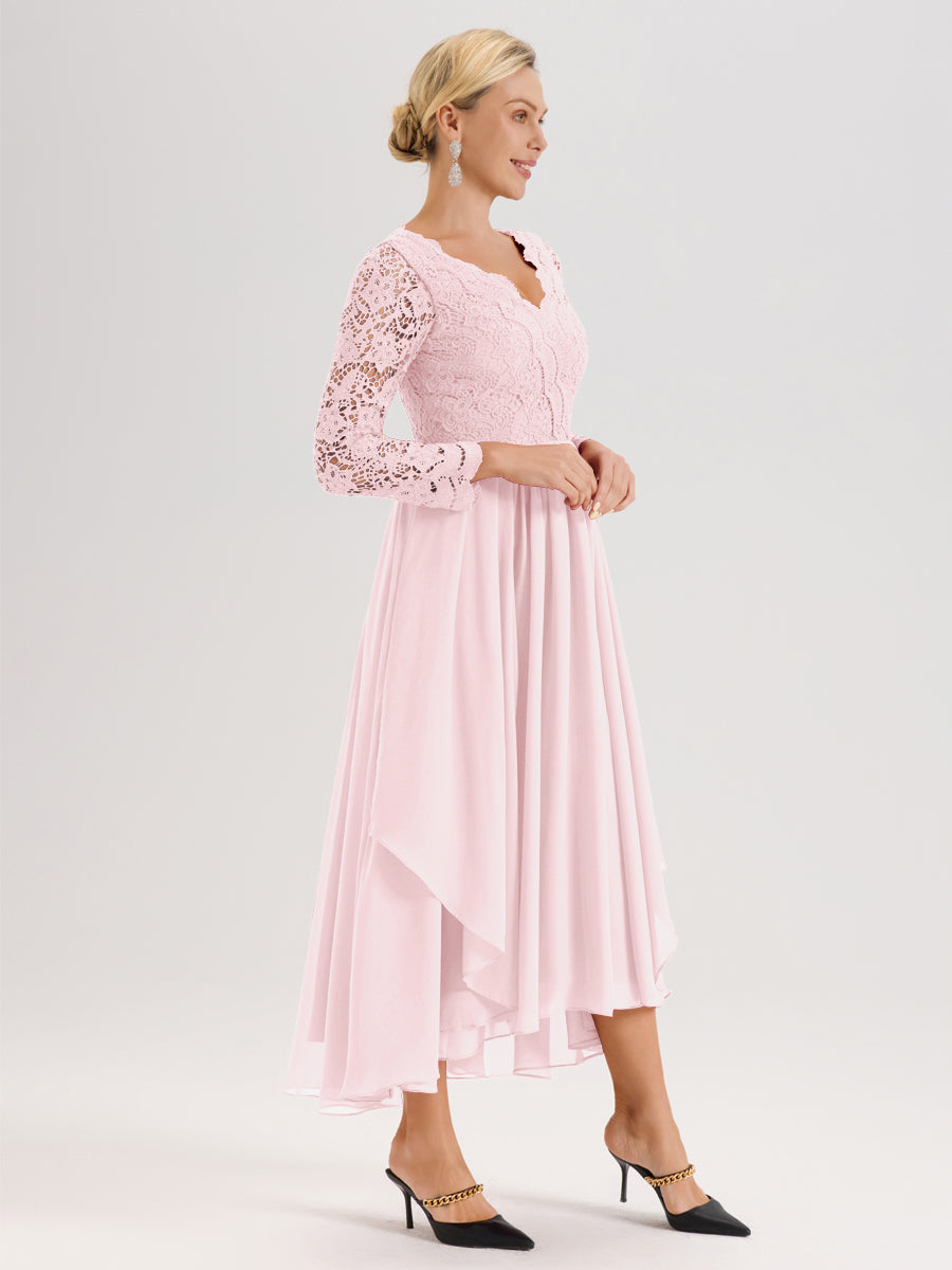 Cicinia Rose Pâle Robe De Mère De La Mariée Longue À Ourlet Irrégulier Ligne A En Dentelle Et Mousseline À Décolleté En V Et Manches Longues