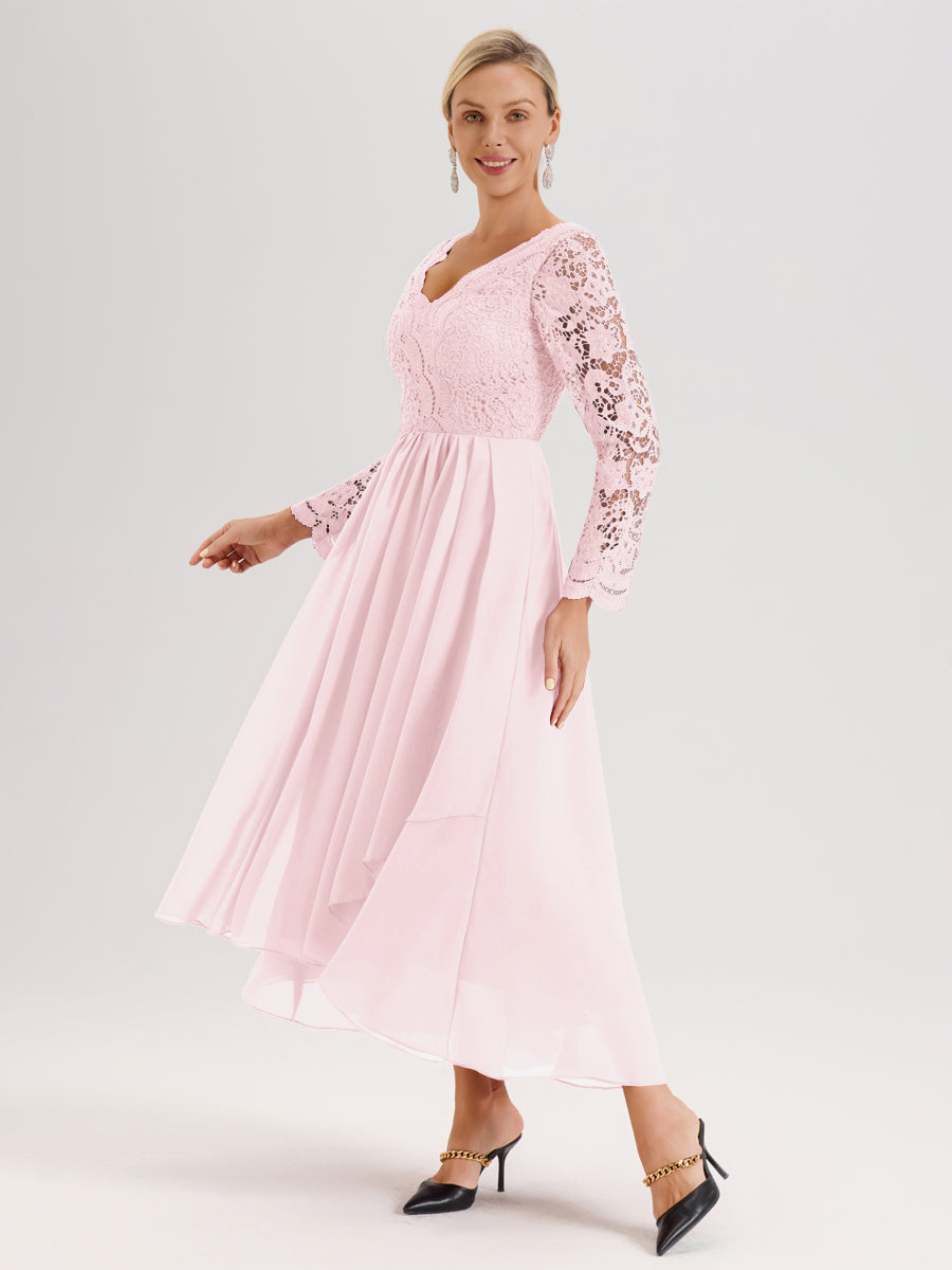 Cicinia Rose Pâle Robe De Mère De La Mariée Longue À Ourlet Irrégulier Ligne A En Dentelle Et Mousseline À Décolleté En V Et Manches Longues