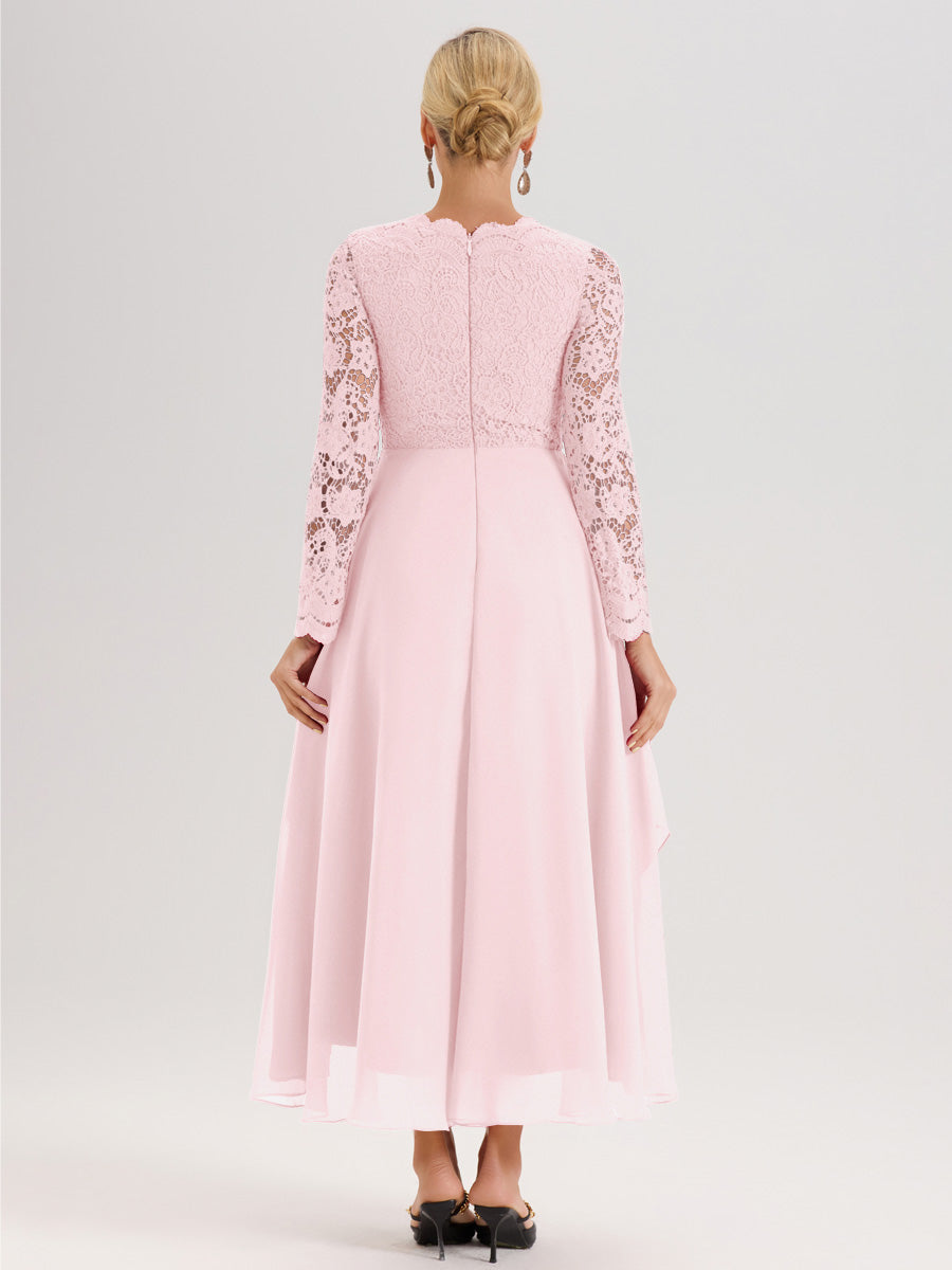 Cicinia Rose Pâle Robe De Mère De La Mariée Longue À Ourlet Irrégulier Ligne A En Dentelle Et Mousseline À Décolleté En V Et Manches Longues