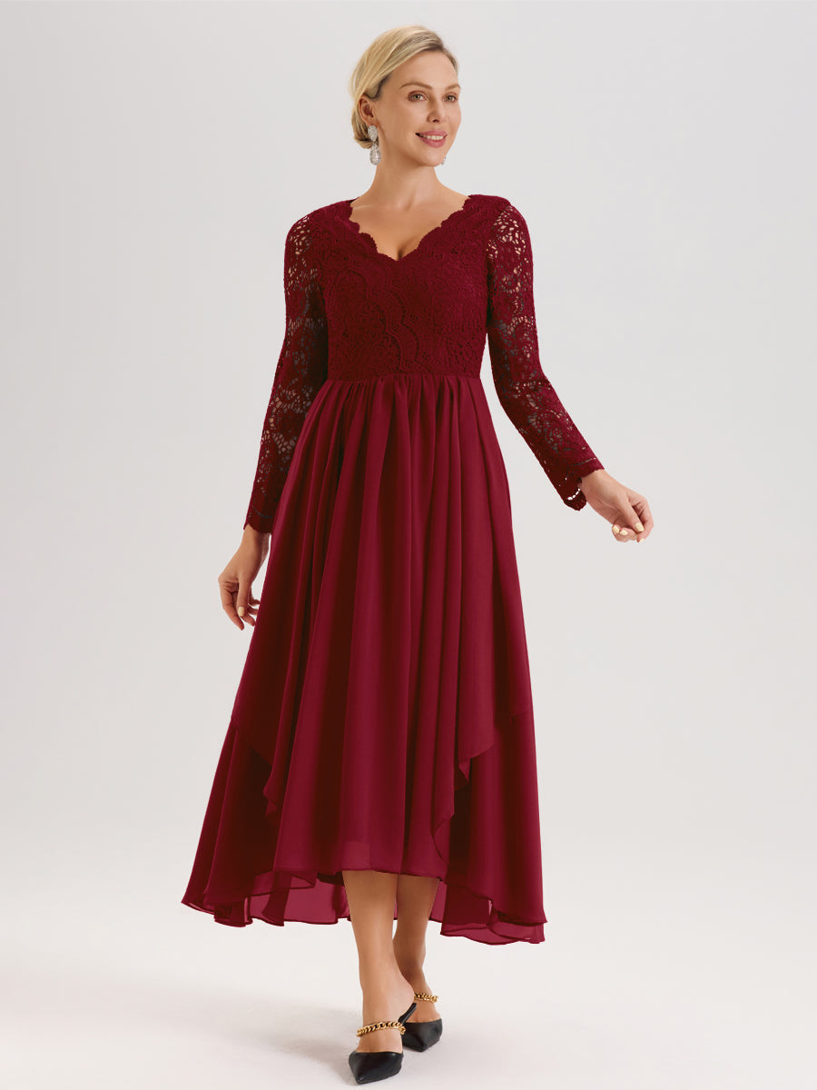 Cicinia Bordeaux Robe De Mère De La Mariée Longue À Ourlet Irrégulier Ligne A En Dentelle Et Mousseline À Décolleté En V Et Manches Longues