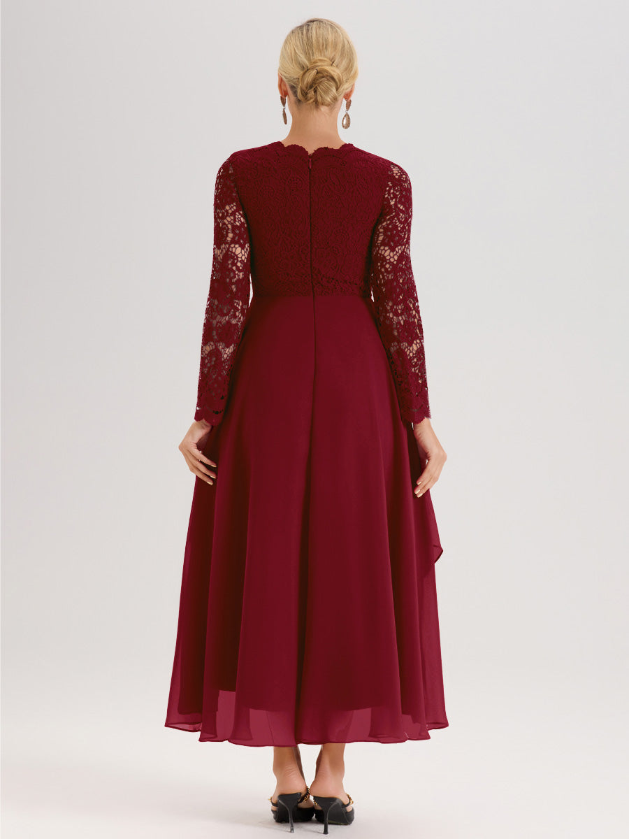 Cicinia Bordeaux Robe De Mère De La Mariée Longue À Ourlet Irrégulier Ligne A En Dentelle Et Mousseline À Décolleté En V Et Manches Longues