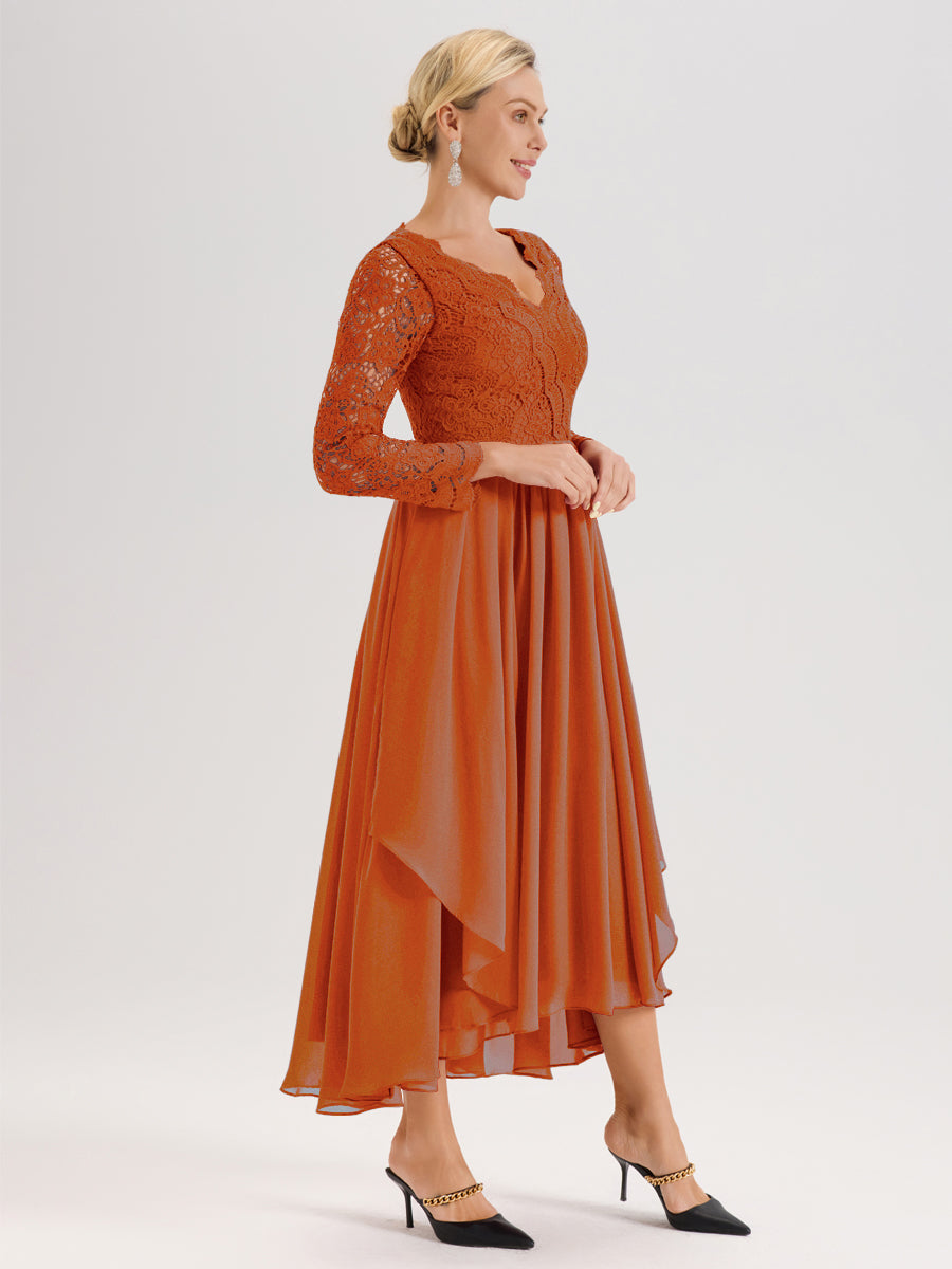 Cicinia Orange Brûlé Robe De Mère De La Mariée Longue À Ourlet Irrégulier Ligne A En Dentelle Et Mousseline À Décolleté En V Et Manches Longues