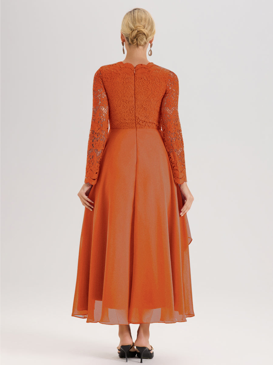 Cicinia Orange Brûlé Robe De Mère De La Mariée Longue À Ourlet Irrégulier Ligne A En Dentelle Et Mousseline À Décolleté En V Et Manches Longues