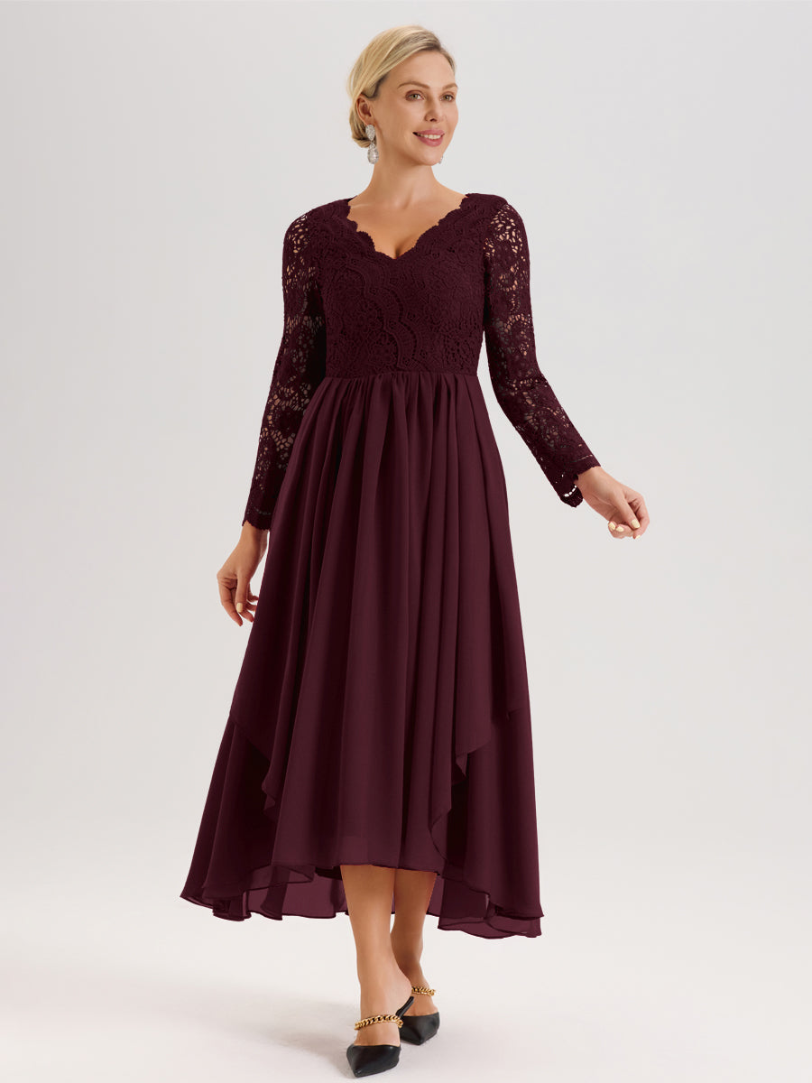 Cicinia Cabernet Robe De Mère De La Mariée Longue À Ourlet Irrégulier Ligne A En Dentelle Et Mousseline À Décolleté En V Et Manches Longues