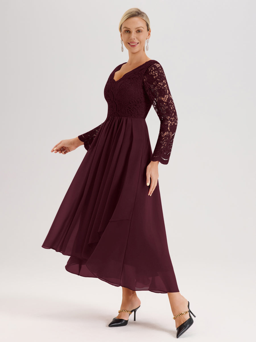 Cicinia Cabernet Robe De Mère De La Mariée Longue À Ourlet Irrégulier Ligne A En Dentelle Et Mousseline À Décolleté En V Et Manches Longues