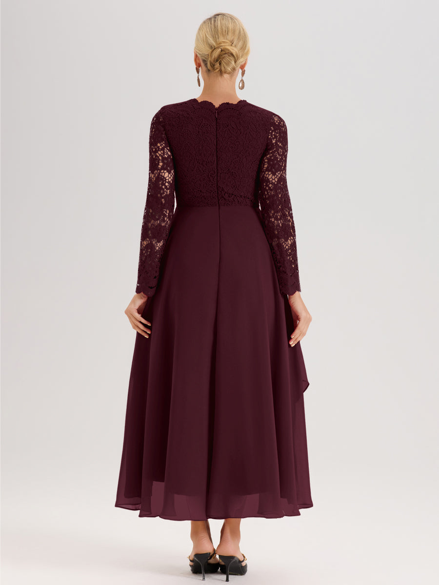 Cicinia Cabernet Robe De Mère De La Mariée Longue À Ourlet Irrégulier Ligne A En Dentelle Et Mousseline À Décolleté En V Et Manches Longues