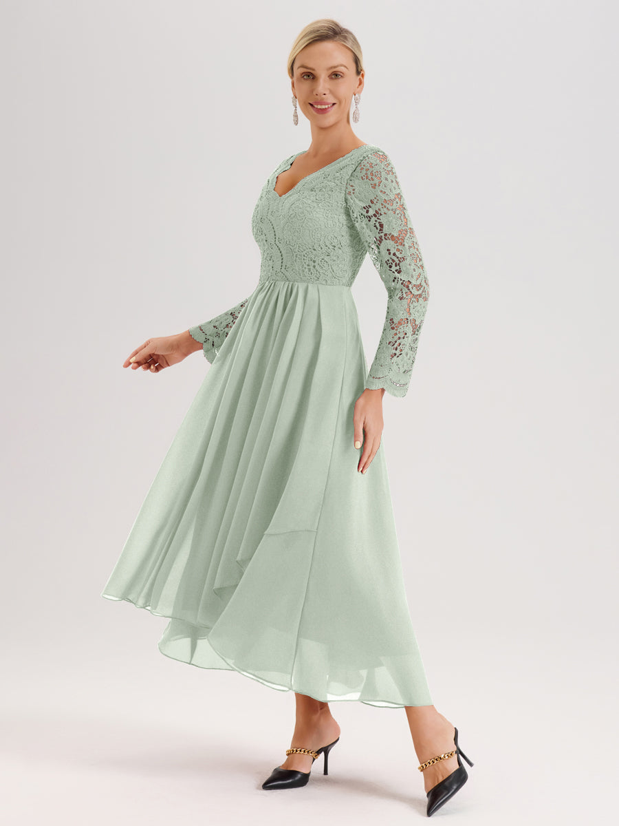 Cicinia Celadon Robe De Mère De La Mariée Longue À Ourlet Irrégulier Ligne A En Dentelle Et Mousseline À Décolleté En V Et Manches Longues