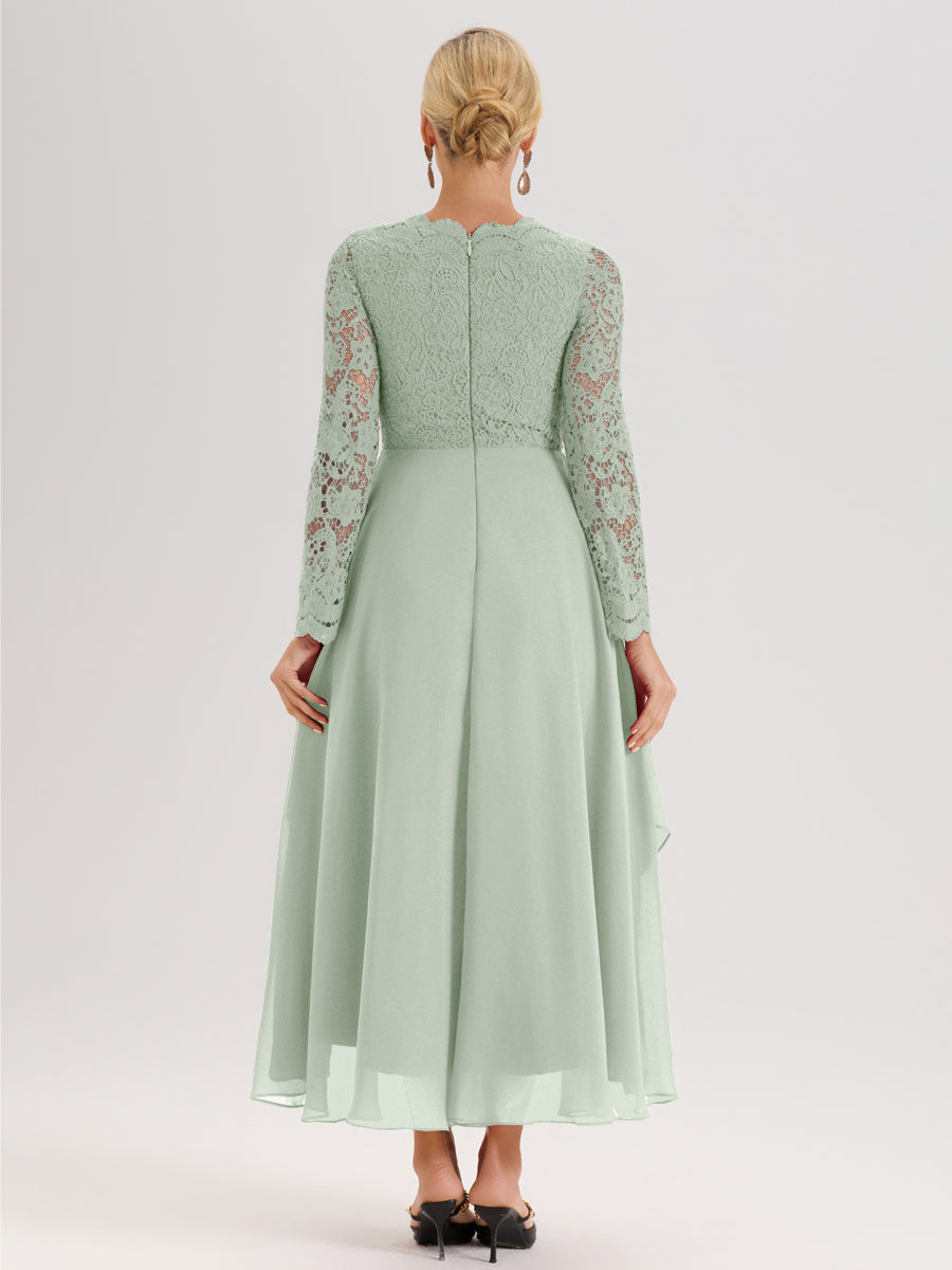 Cicinia Celadon Robe De Mère De La Mariée Longue À Ourlet Irrégulier Ligne A En Dentelle Et Mousseline À Décolleté En V Et Manches Longues
