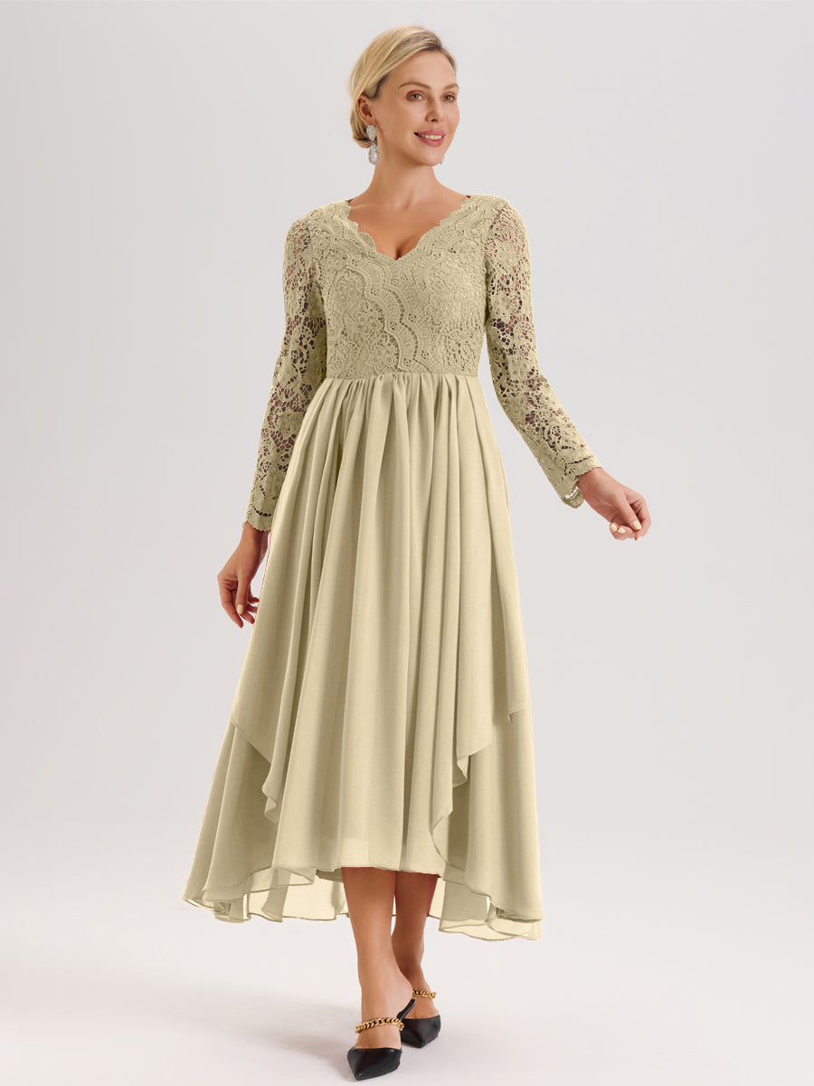 Cicinia Champagne Robe De Mère De La Mariée Longue À Ourlet Irrégulier Ligne A En Dentelle Et Mousseline À Décolleté En V Et Manches Longues