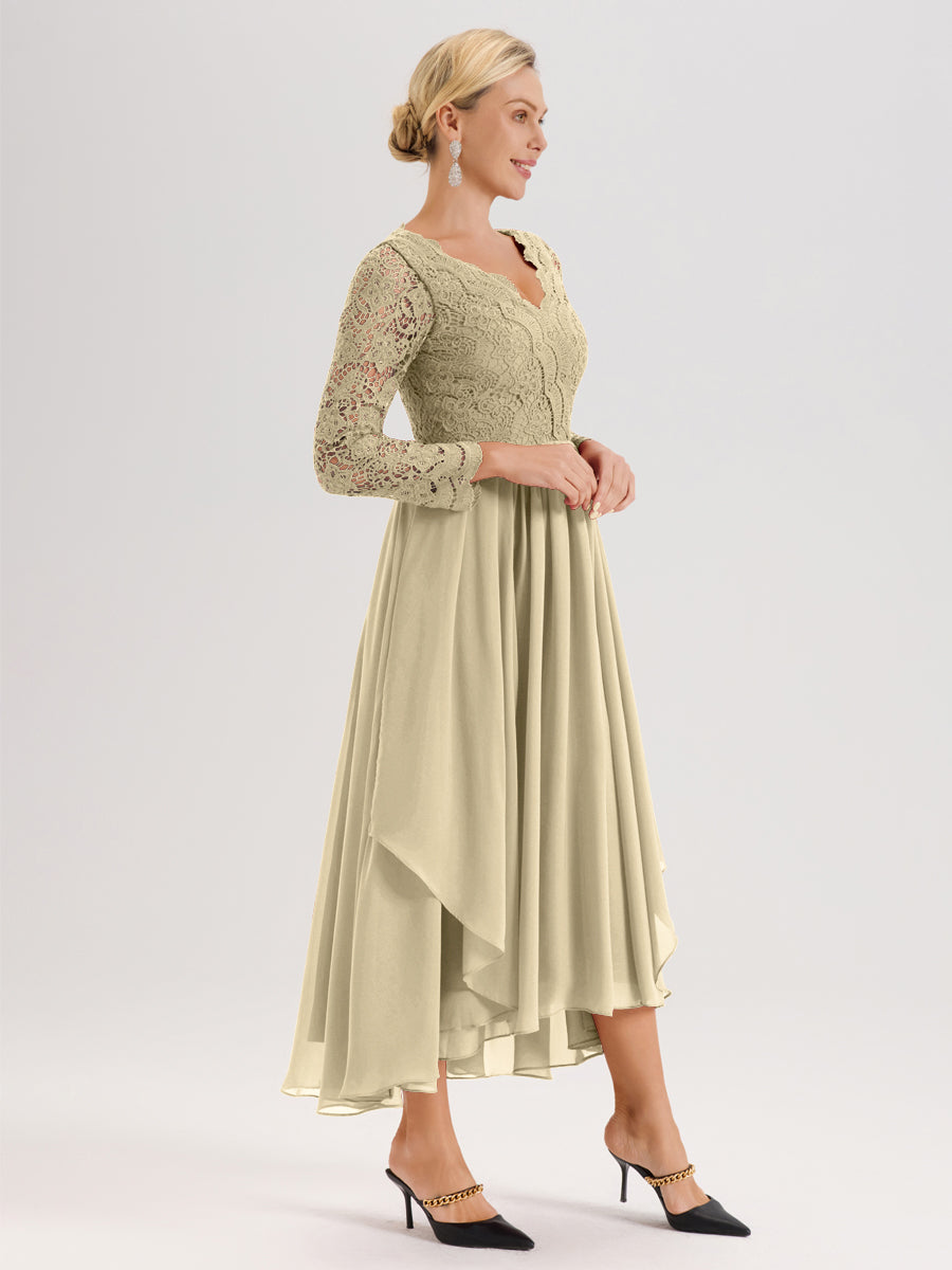 Cicinia Champagne Robe De Mère De La Mariée Longue À Ourlet Irrégulier Ligne A En Dentelle Et Mousseline À Décolleté En V Et Manches Longues