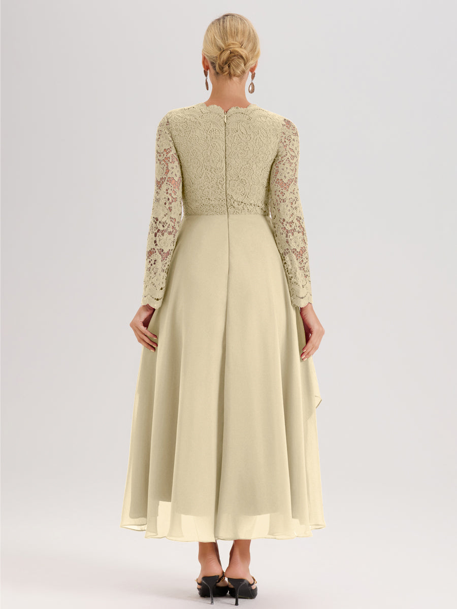 Cicinia Champagne Robe De Mère De La Mariée Longue À Ourlet Irrégulier Ligne A En Dentelle Et Mousseline À Décolleté En V Et Manches Longues