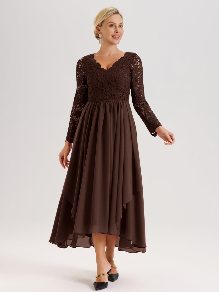 Cicinia Chocolat Robe De Mère De La Mariée Longue À Ourlet Irrégulier Ligne A En Dentelle Et Mousseline À Décolleté En V Et Manches Longues