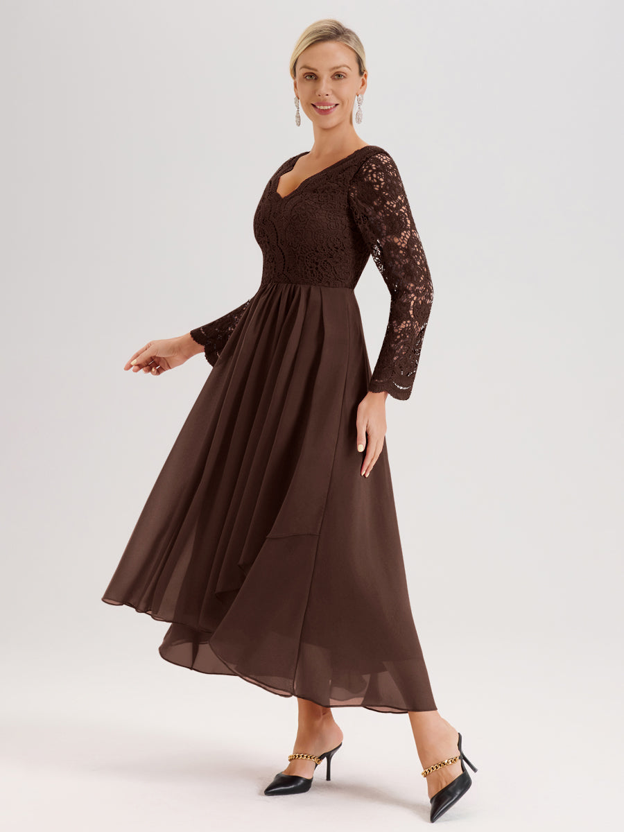 Cicinia Chocolat Robe De Mère De La Mariée Longue À Ourlet Irrégulier Ligne A En Dentelle Et Mousseline À Décolleté En V Et Manches Longues
