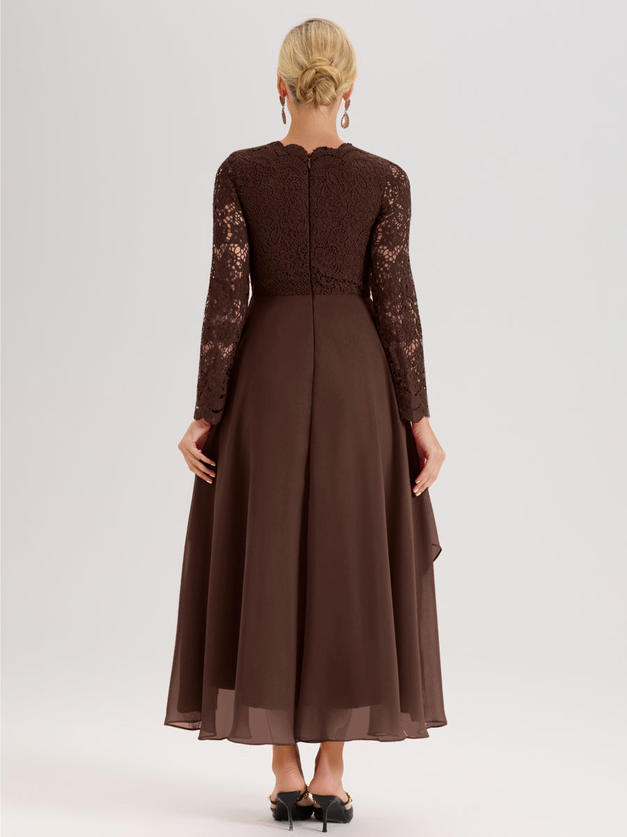 Cicinia Chocolat Robe De Mère De La Mariée Longue À Ourlet Irrégulier Ligne A En Dentelle Et Mousseline À Décolleté En V Et Manches Longues