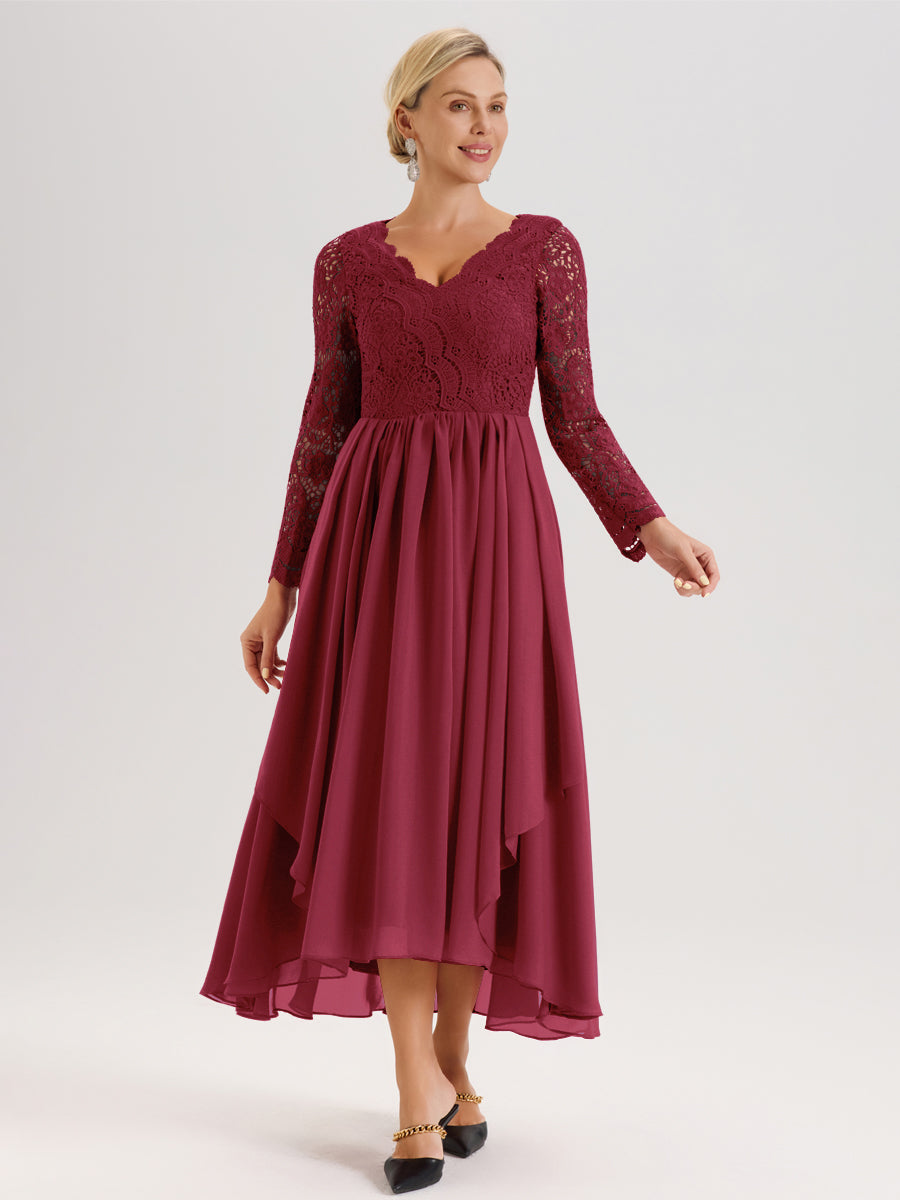 Cicinia Rose Cannelle Robe De Mère De La Mariée Longue À Ourlet Irrégulier Ligne A En Dentelle Et Mousseline À Décolleté En V Et Manches Longues