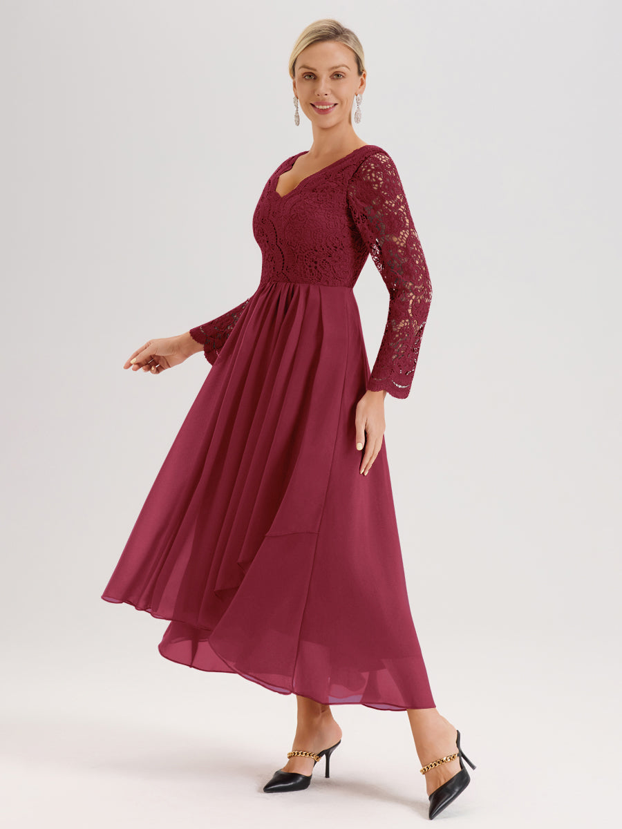Cicinia Rose Cannelle Robe De Mère De La Mariée Longue À Ourlet Irrégulier Ligne A En Dentelle Et Mousseline À Décolleté En V Et Manches Longues