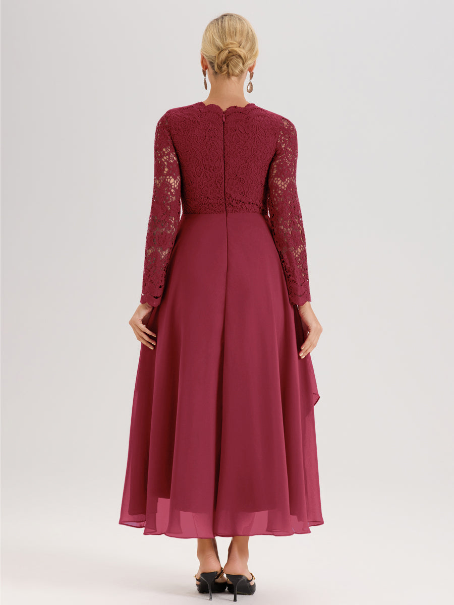 Cicinia Rose Cannelle Robe De Mère De La Mariée Longue À Ourlet Irrégulier Ligne A En Dentelle Et Mousseline À Décolleté En V Et Manches Longues