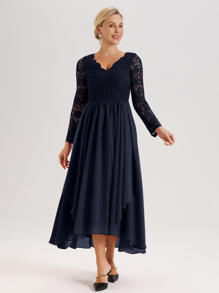 Cicinia Bleu Marine Robe De Mère De La Mariée Longue À Ourlet Irrégulier Ligne A En Dentelle Et Mousseline À Décolleté En V Et Manches Longues