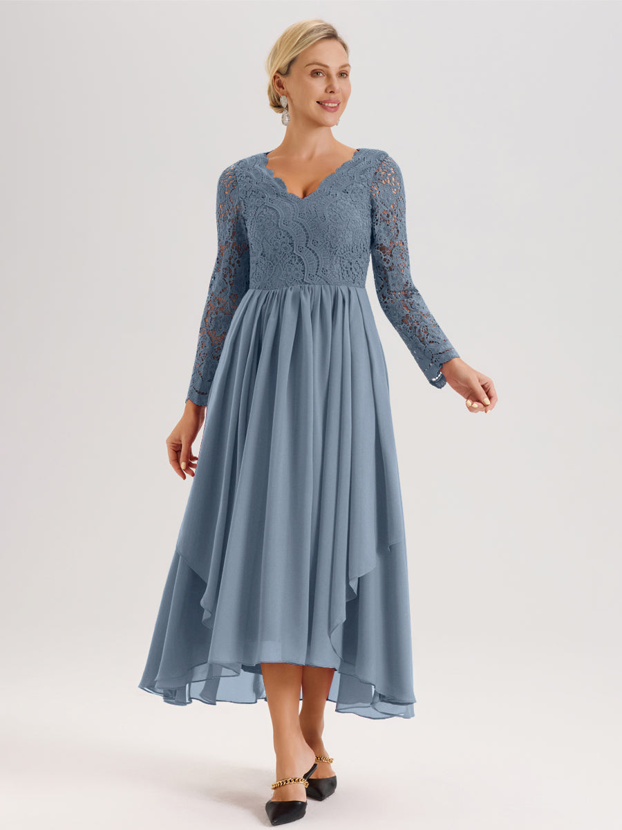 Cicinia Bleu Poudré Robe De Mère De La Mariée Longue À Ourlet Irrégulier Ligne A En Dentelle Et Mousseline À Décolleté En V Et Manches Longues