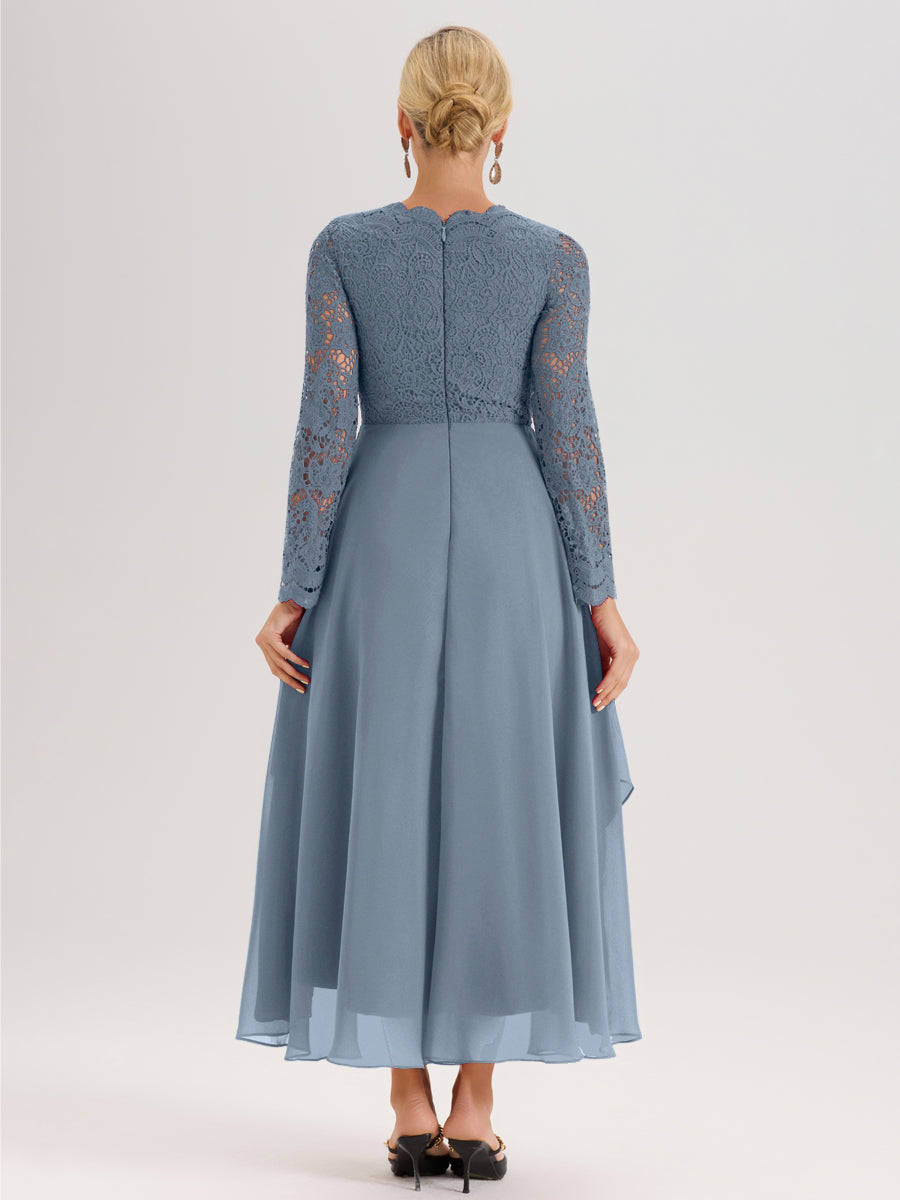 Cicinia Bleu Poudré Robe De Mère De La Mariée Longue À Ourlet Irrégulier Ligne A En Dentelle Et Mousseline À Décolleté En V Et Manches Longues